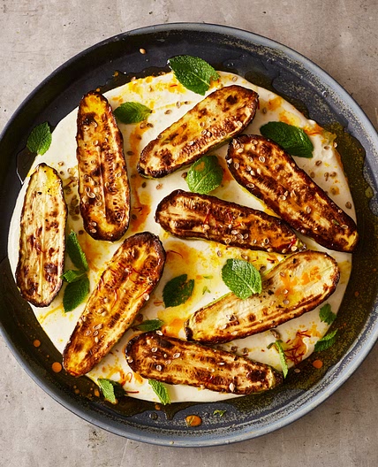 Grilled courgettes with warm yoghurt and saffron butter