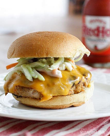 Buffalo Turkey Cheeseburger with Blue Cheese Broccoli Slaw