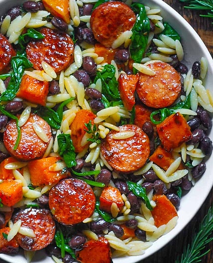 Butternut Squash and Black Bean Orzo with Sausage and Spinach