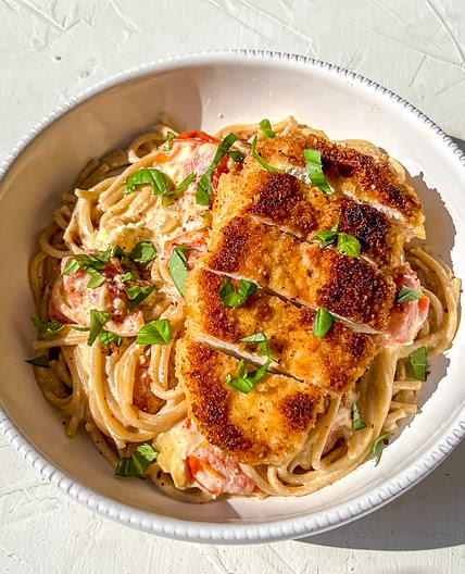 Feta Tomato Pasta with Crispy Chicken