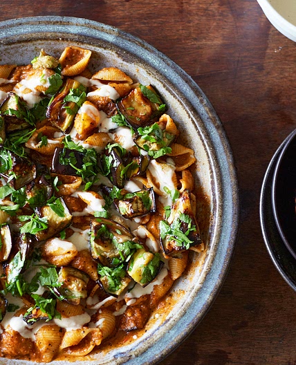 Smoky, creamy pasta with burnt aubergine and tahini