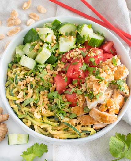 Chicken Satay Bowl with Peanut-Zucchini Noodles, Cucumber & Tomato