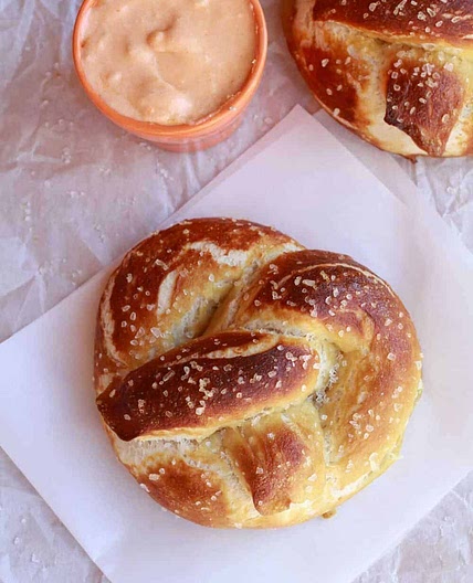 Homemade Soft Pretzels with Buffalo Cheddar Cheese Sauce
