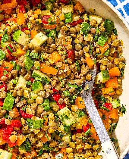 French Lentil Salad with Cucumber, Bell Pepper, and Fresh Herbs