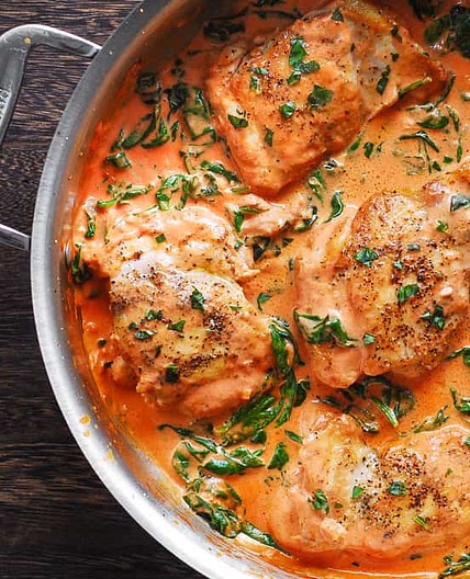 Skillet Chicken Thighs with Creamy Tomato Basil Spinach Sauce