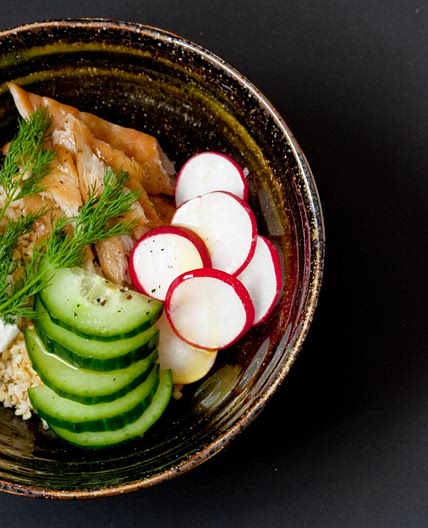 Smoked mackerel, radish, cucumber, dill and bulgur wheat grain bowl