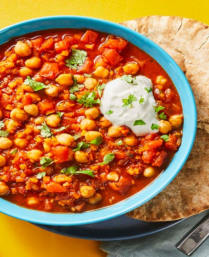 Moroccan-Style Chickpea & Tomato Stew with Lemony Yogurt & Garlic Pitas