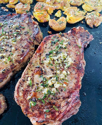 Blackstone Steak and Smashed Potatoes