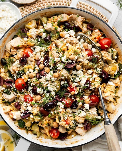 Greek Orzo Skillet with Chicken And Chickpeas
