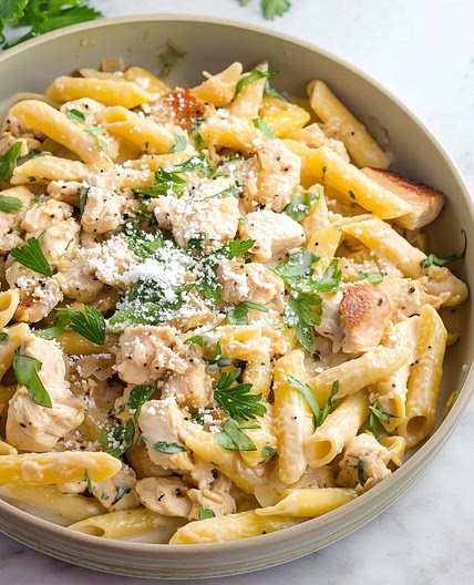tender chicken with creamy garlic pasta