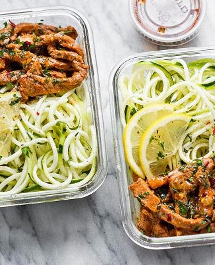 15 Minute Meal Prep Garlic Butter Steak with Zucchini Noodles