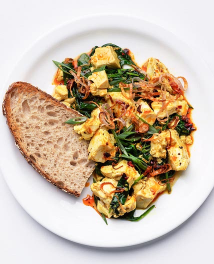 Ginger-Scallion Tofu Scramble With Spinach and Chili Oil