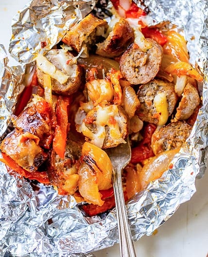 Foil Packet Cheesy Sausage and Peppers