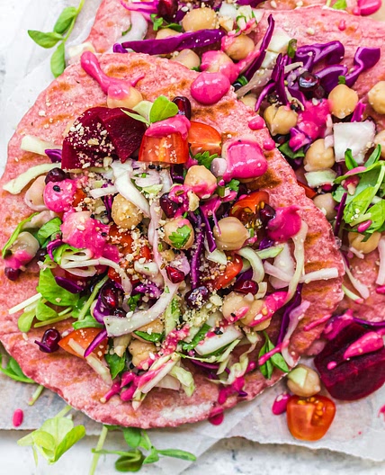 Beetroot Flatbreads with Crunchy Slaw and Chickpeas (Vegan GF-Option)