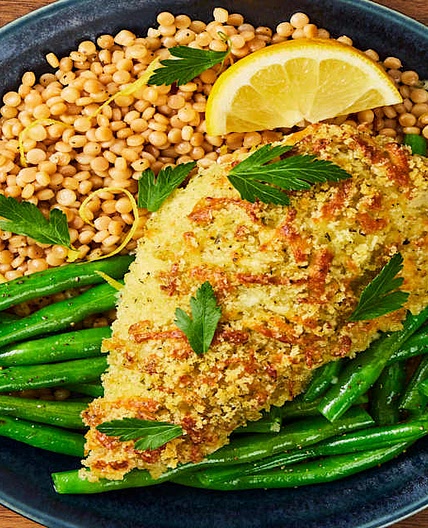 Mozzarella & Herb Chicken with Roasted Green Beans & Buttery Couscous