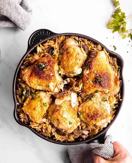 Mushroom Orzo and Chicken Skillet
