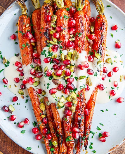 Maple Roasted Carrots in Tahini Sauce with Pomegranate and Pistachios