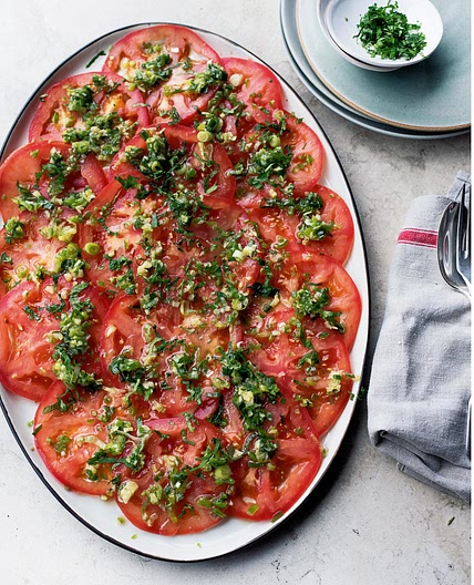 Beef tomato carpaccio with spring onion and ginger salsa