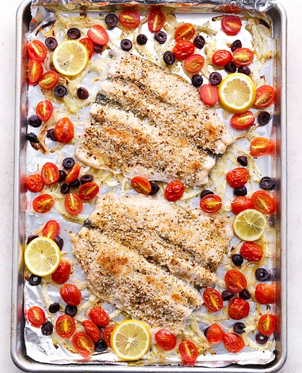 Mediterranean Baked Trout with Olives, Fennel & Tomatoes