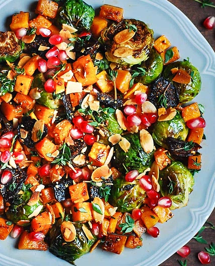 Roasted Brussels Sprouts Salad with Figs, Almonds, Butternut Squash, and Pomegranate Seeds