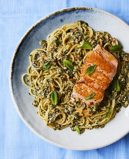 Trapanese pesto pasta with salmon