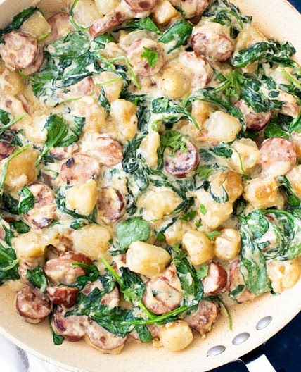 One Pan Creamy Trader Joe's Cauliflower Gnocchi & Sausage Skillet