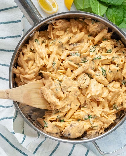 Creamy Spicy Vegan Sausage Pasta with Spinach