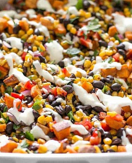 Roasted Sweet Potato Rainbow Salad with Lime Crema