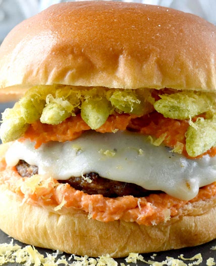 Rabbit Sausage Burger with Carrot Horseradish Aioli