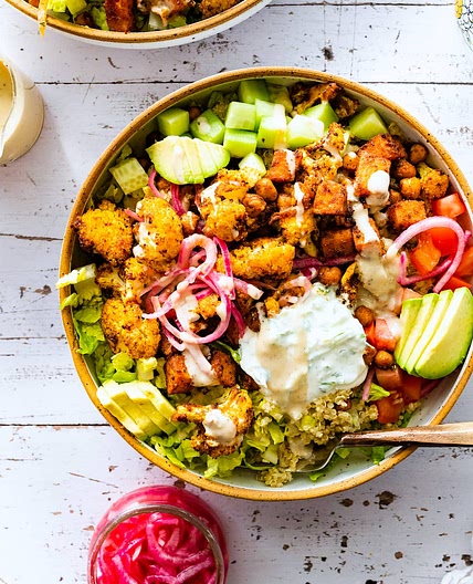 Roasted Cauliflower, Sweet Potato, Chickpea Bowl
