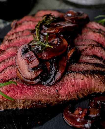 Elk Backstrap with Red Wine Mushrooms