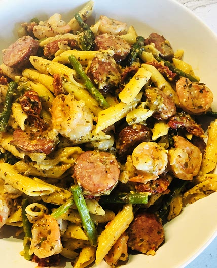 Shrimp and Sausage Pesto Pasta