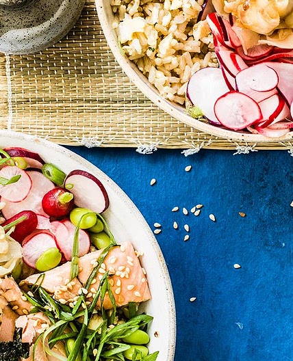 Salmon, egg and brown rice bowls