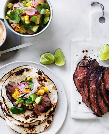 Flank steak tacos with corn, avocado and coriander