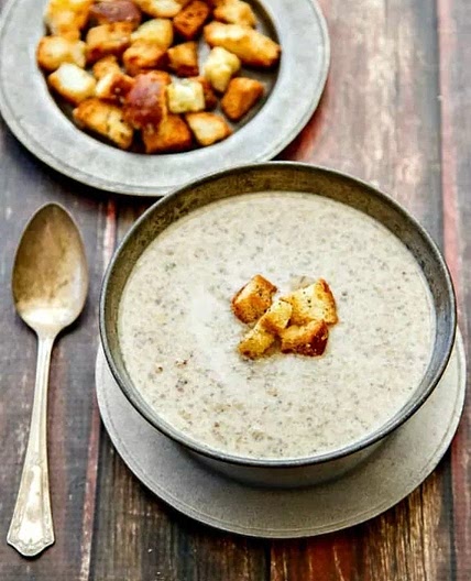 Wild Mushroom Brie Soup with Parmesan Pepper Croutons