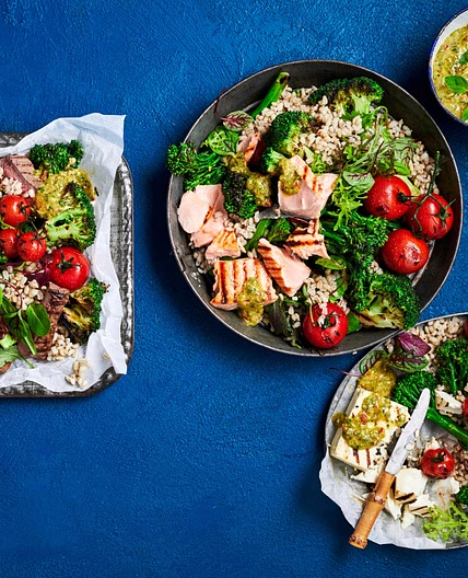 Grilled broccoli and barley salad