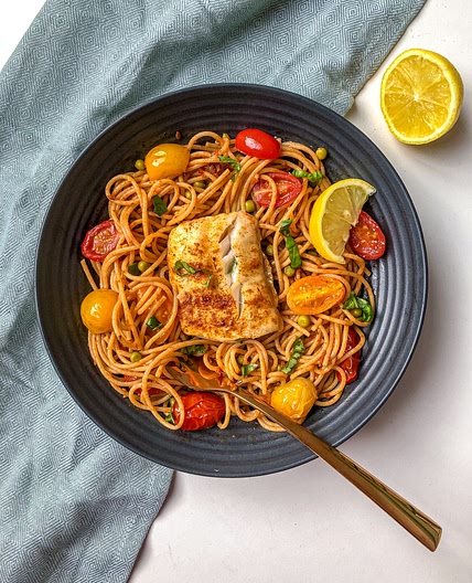 Cod pasta with red pesto and peas