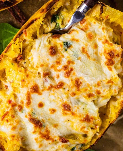 Baked Spaghetti Squash Alfredo with Spinach and Sundried Tomatoes