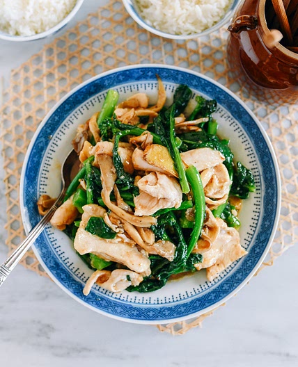 Chicken with Chinese Broccoli and Mushrooms