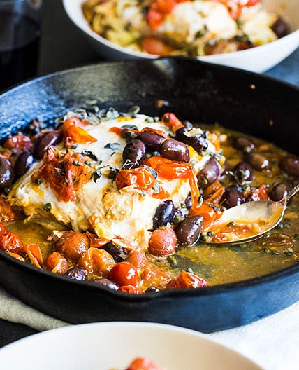 Baked Halibut with White Wine, Olives, Capers and Tomatoes