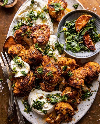 Crispy Roasted Blackened Cauliflower with Burrata and Herbs