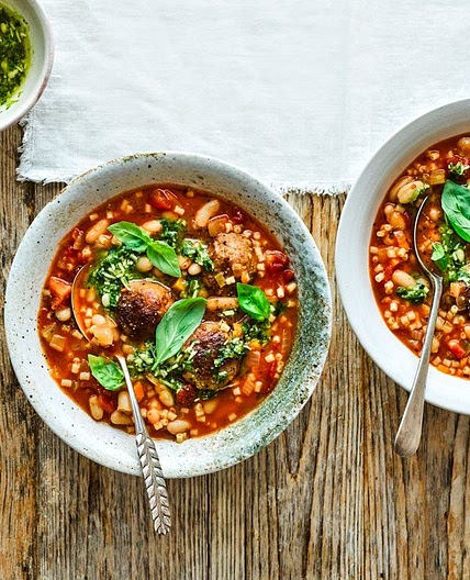 Meatball minestrone with pesto