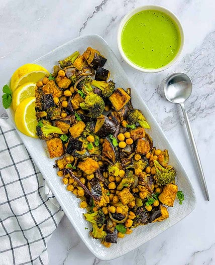 Roasted Broccoli, Eggplant, and Chickpeas