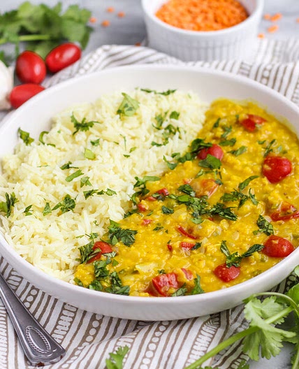 Coconut Curry Red Lentil Dahl with Tomatoes, Cilantro & Rice