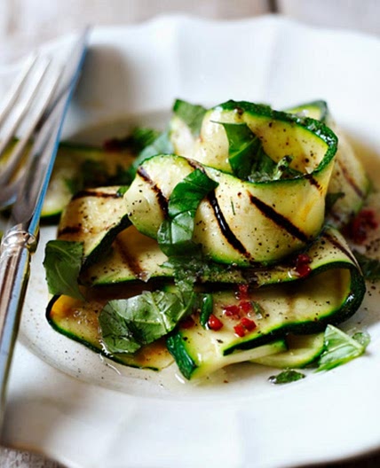 Grilled courgette salad with basil, mint, chilli and lemon