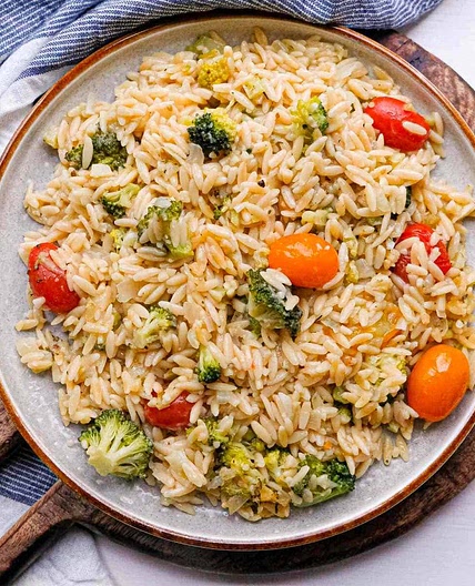 Broccoli Parmesan Orzo with Burst Tomatoes