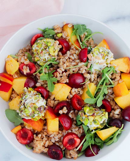 Summer Farro Salad with Herbed Vegan Cheese