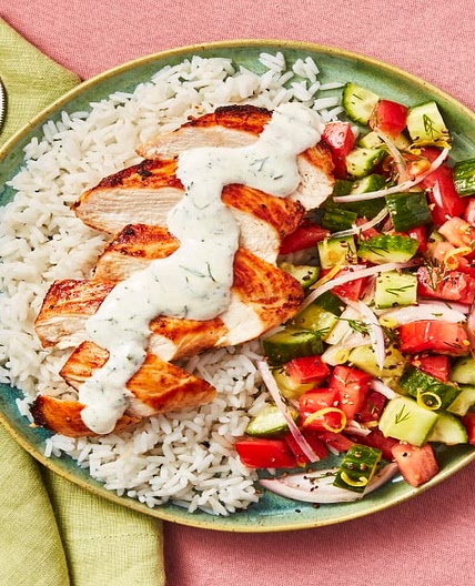 Shawarma-Spiced Chicken with Persian Salad, Rice & Creamy Dill Sauce