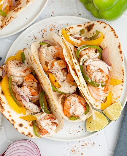 Sheet Pan Cajun Shrimp Fajitas with Bell Pepper, Onion & Spicy Ranch