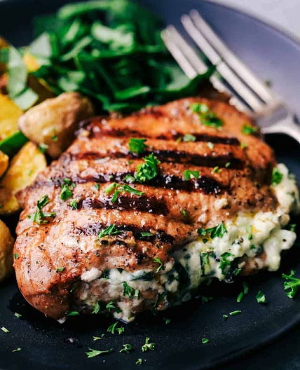 Grilled Spinach and Herb Stuffed Pork Chops